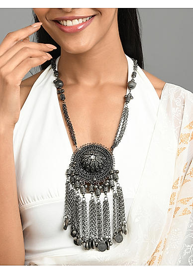 Silver Plated Oxidised Chained Statement Necklace
