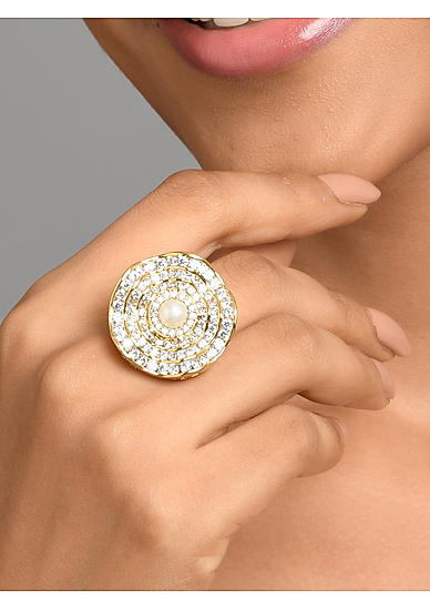 American Diamond Pearl Gold Plated Floral Cocktail Ring