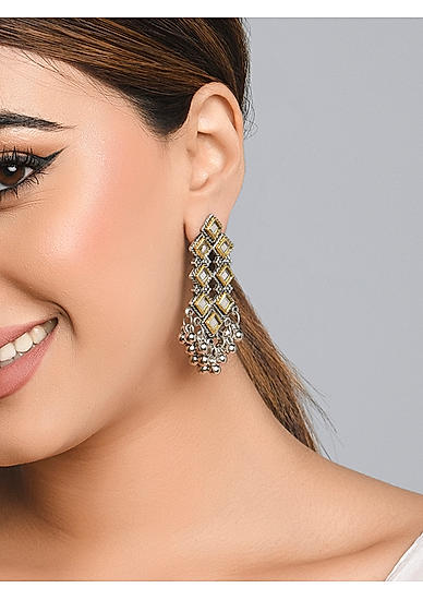 Fida Ethnic Silver Plated Mirror & Ghungroo Drop Earrings For Women