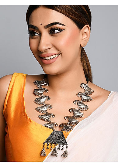 Fida Ethnic Traditional Oxidised Silver Bird Engraved Statement Necklace For Women