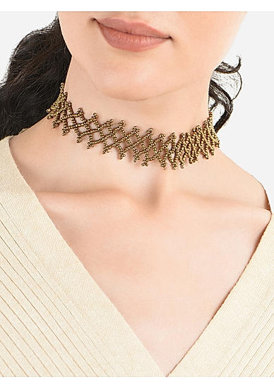 Toniq Lavish Gold Plated Zig Zag Beads Casual Look Alloy Choker Necklace For Women 