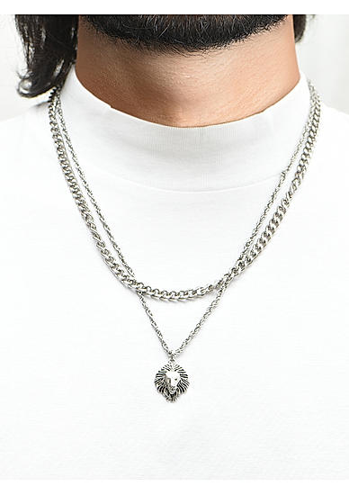 The Bro Code Silver Animal Lion Fusion Look Alloy Curb and Mesh Chain Layered Necklace For Men 