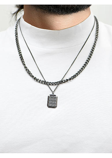 The Bro Code Metalic Gun Metal Geometric Fusion Alloy Cable and Curb Chain Layered Necklace For Men 