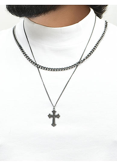 The Bro Code Gun Metal Holy Cross Fusion Look Alloy Cuban and Curb Layered Necklace For Men 