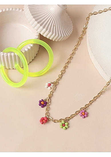 Set of Multicolor Beads Floral Gold Plated Necklace & Green Neon Hoop Earrings
