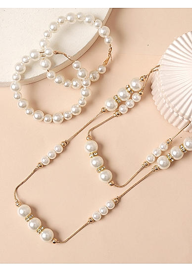 Set of White Pearls Gold Plated Layered Necklace & Hoop Earrings