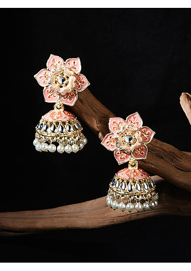 Fida Gold Plated Pink Floral Enamel Jhumka Earrings For Women