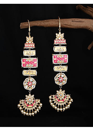 Fida Gold Plated Pink Enamel and Kundan studded Chandbali Kaan Earrings For Wome