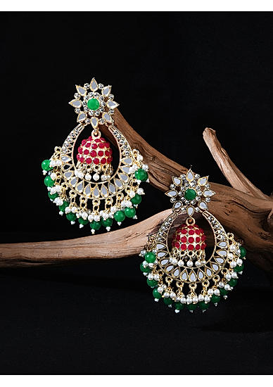 Fida Gold Plated Red & Green Stone Studded Chandbali Earrings For Women