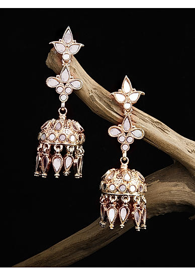 Fida Gold Plated  Mirror Studded Jhumka Earrings For Women