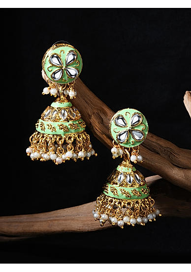 Fida Gold Plated Green Enamel and Kundan Jhumka Earrings For Women