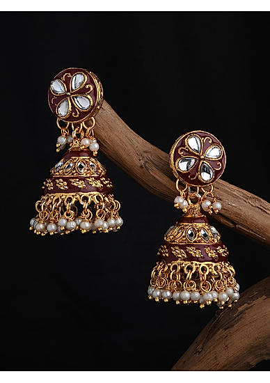 Fida Gold Plated Maroon Enamel and Kundan Jhumka Earrings For Women