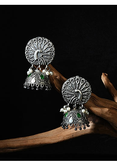 Fida Silver Plated Green Stone Stuuded Peacock Jhumka Earrings For Women