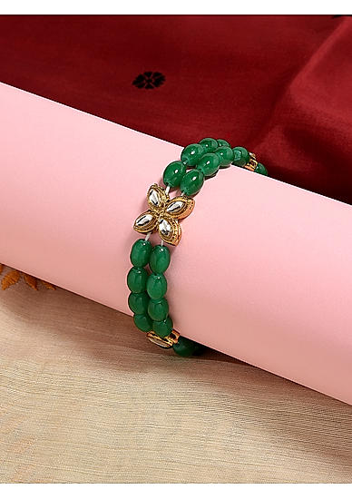 Green Pearls Kundan Gold Plated Floral Elastic Bracelet 