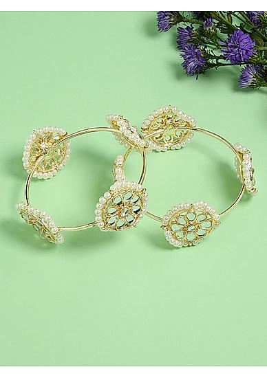 Set Of 2 Kundan Beads Gold Plated Floral Bangles