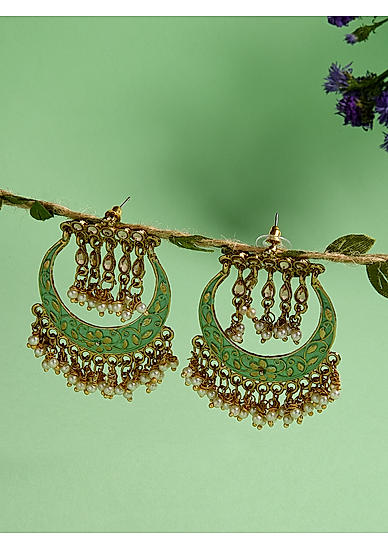 Mint Green Kundan Beads Gold Plated Meenakari Floral Chandbali Earring