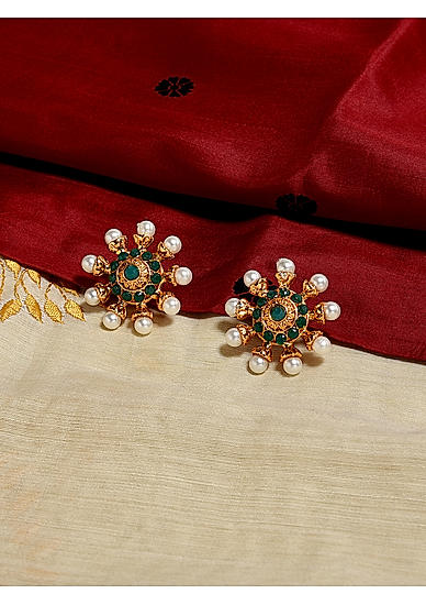 Emerald Pearls Gold Plated Temple Stud Earring