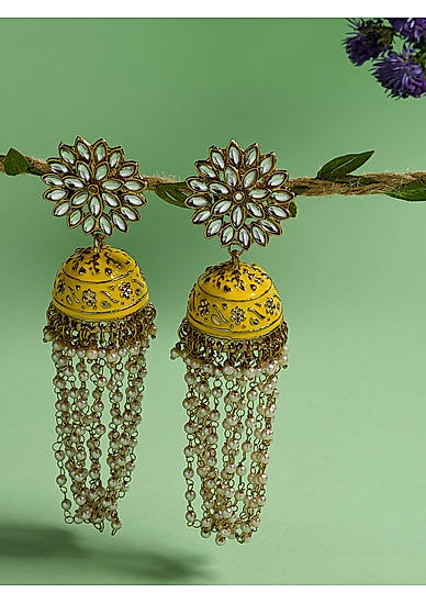 Kundan Beads Yellow Enamelled Gold Plated Waterfall Floral Jhumka Earring