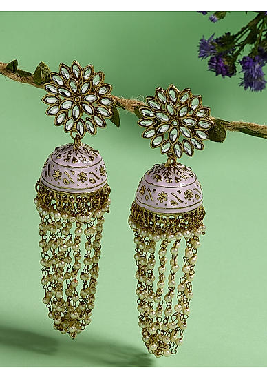 Kundan Beads Pastel Pink Gold Plated Waterfall Floral Jhumka Earring