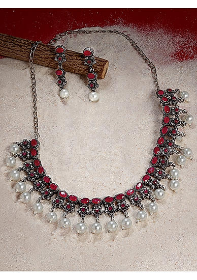 White Pearls Ruby Silver Plated  Oxidised Jewellery Set