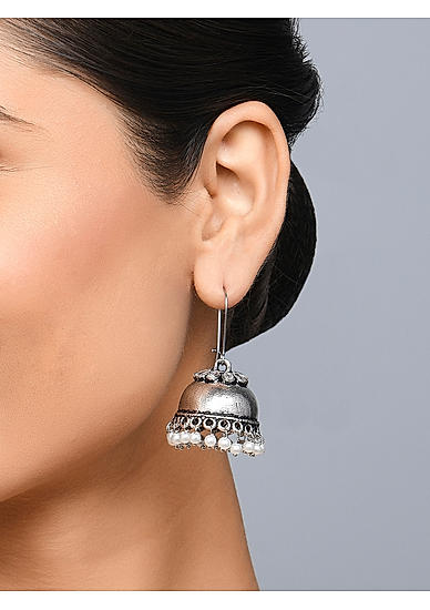 Fida Ethnic Oxidised Silver Plated Kundan & Pearl Studded Floarl Jhumka Earring For Women