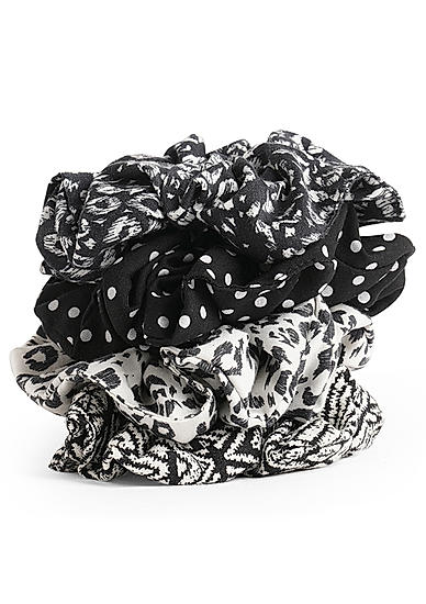 Toniq Set Of 4 Monochrome Black and White Printed Scrunchies Rubber Band For Women