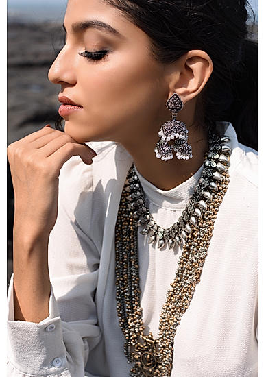 White Beads Silver Plated Oxidised Jhumka Earring