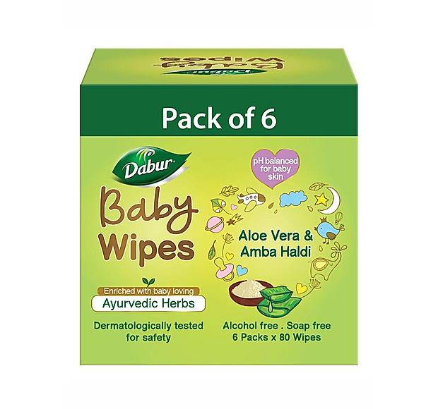 Dabur Baby Wipes:  Soft Moisturizing Wet Wipes enriched with baby loving ayurvedic herbs - 80 Wipes X Pack of 6