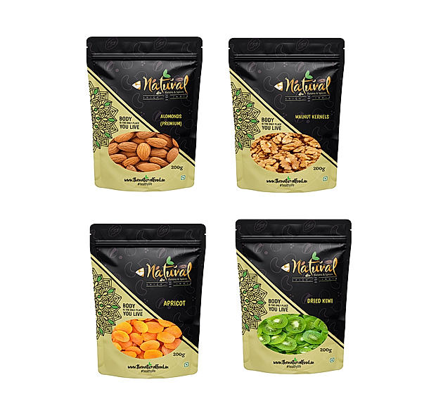 Almonds, Walnuts(250 g), Apricots & Kiwi - Fruit & Nut (200 gms each Combo Pack )