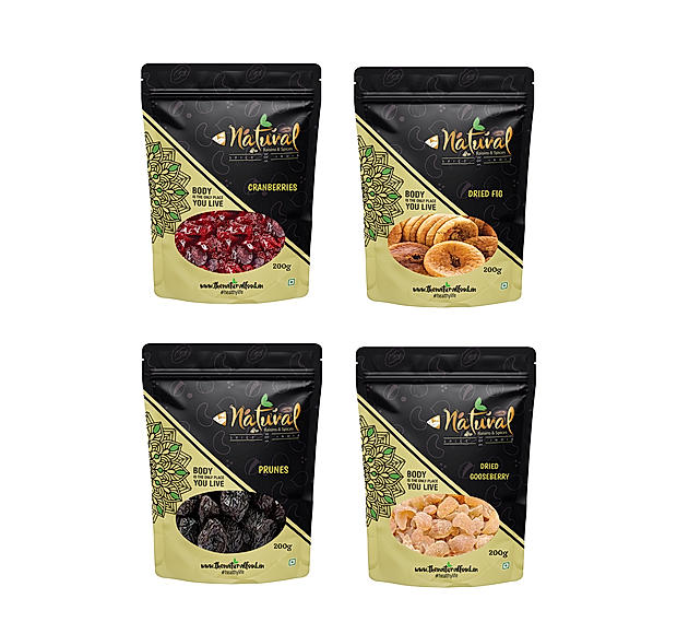 Cranberries, Figs, Prunes & Dried Gooseberry (Amla) ( 200 gms each Combo Pack )