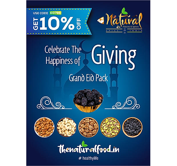 Grand Eid Pack  - Ajwa Dates, Almonds, Walnuts(500gm), Pista, Cashew & Black Raisins (400 gms each Combo Pack)