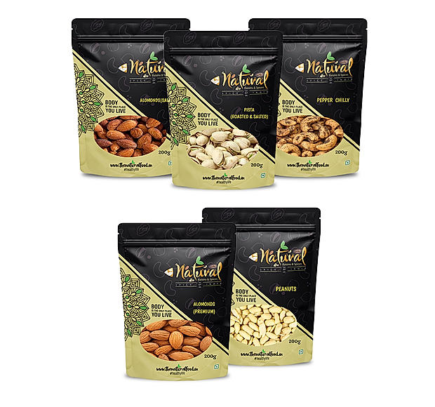 Pepper Cashew, Salted Pista, Salted Almond, Peanuts & Almonds - Nutty Mania (200 gms each)