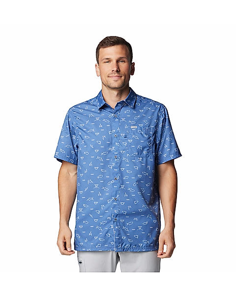 Columbia Mens Blue Omni-Shade Super Slack Tide Camp Short Sleeve Shirt