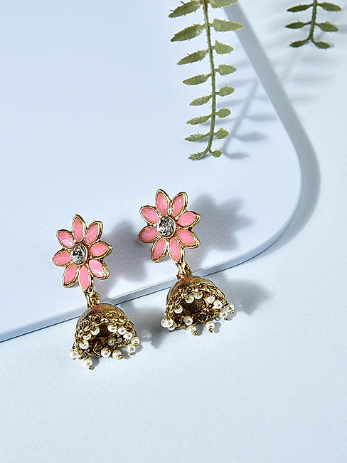 Pink Stones Gold Plated Floral Jhumka Earring