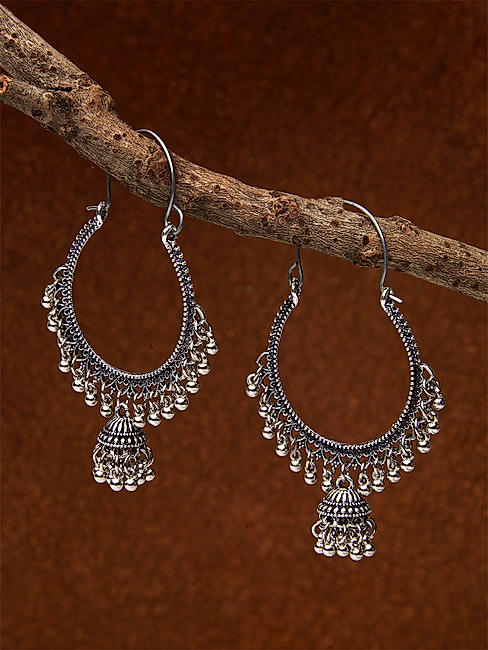Ghungroo Silver Plated Oxidised Oversized Hoop Jhumka Earring