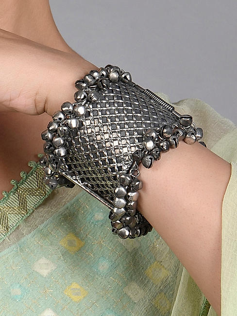 Fida Ethinic SIlver Plated oxidised Tribal Ghungroo Kada Bracelet For Women
