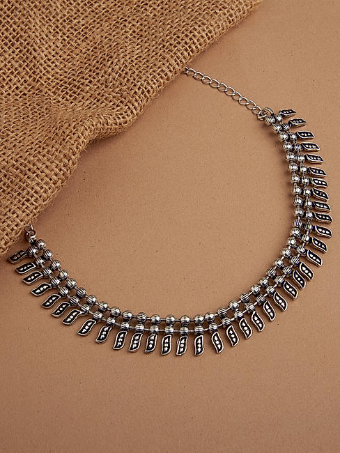 Metal Beaded Silver Plated Oxidised Necklace