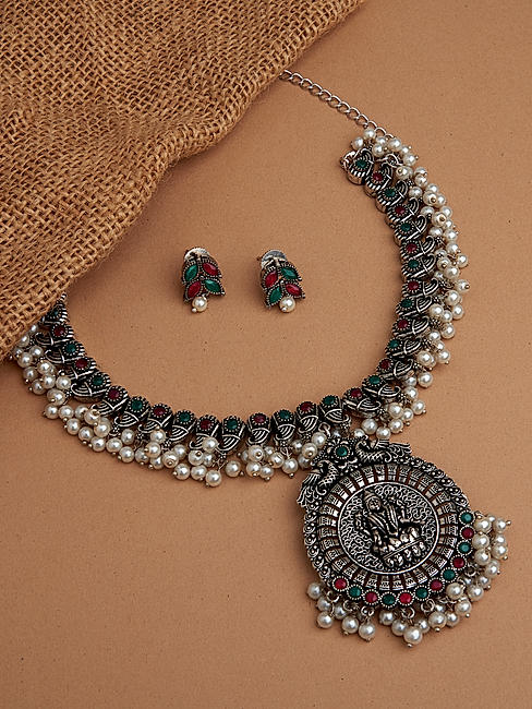 White Pearls Ruby Emerald Silver Plated Oxidised Temple Jewellery Set