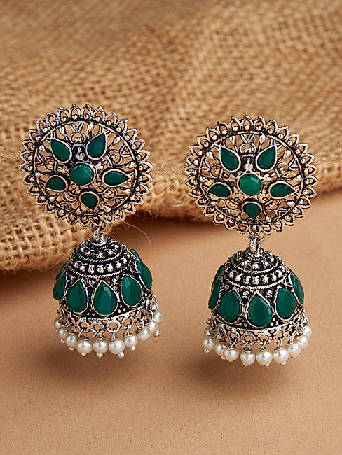 Green Emerald Silver Plated Oxidised Floral Jhumka Earring