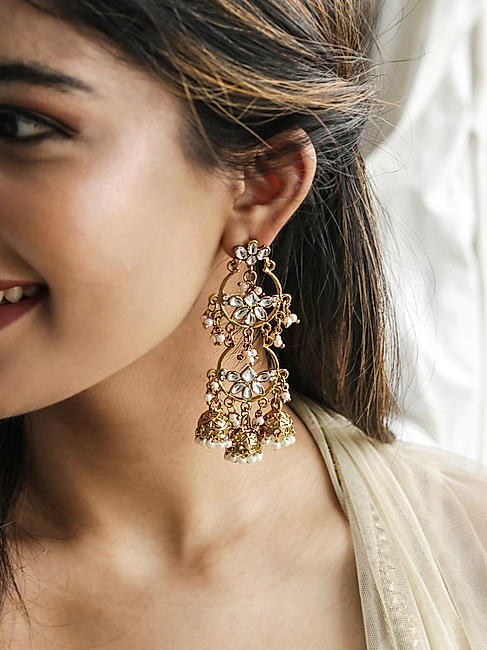 Kundan Beaded Gold Plated Floral Chandbali Earring