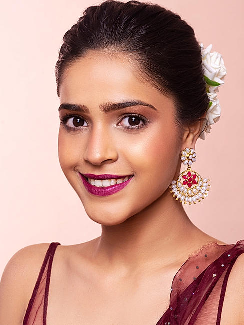 Fida Chanda Gold Wedding Ethnic Traditional Pink Stones and Pearl Chandbali Drop Earrings For Women