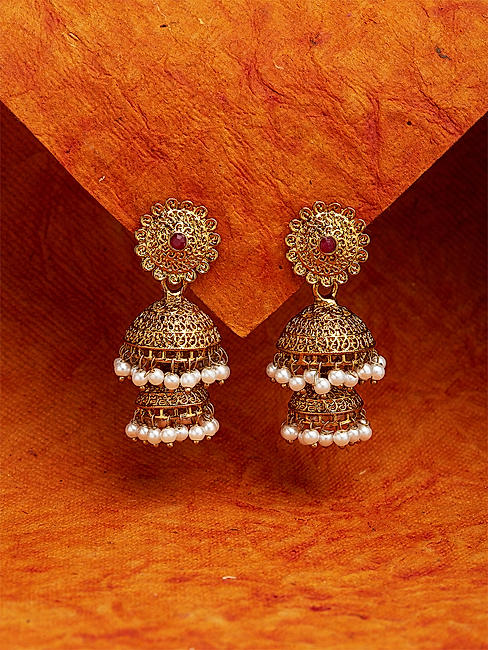 White Pearls Gold Plated Temple Layered Jhmuka Earrings
