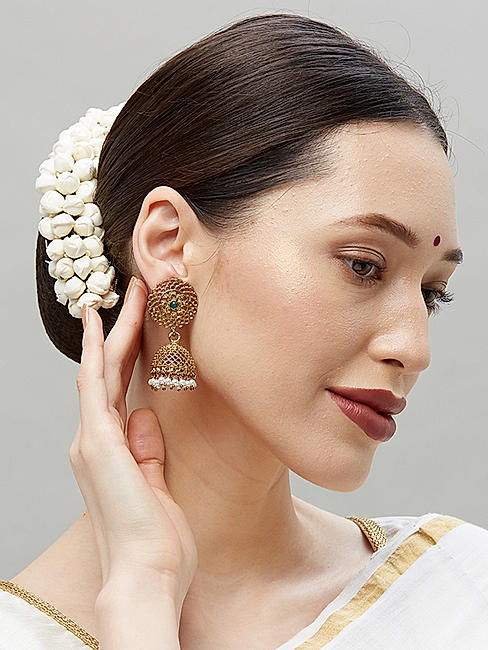 White Beads Gold Plated Temple Jhmuka Earrings