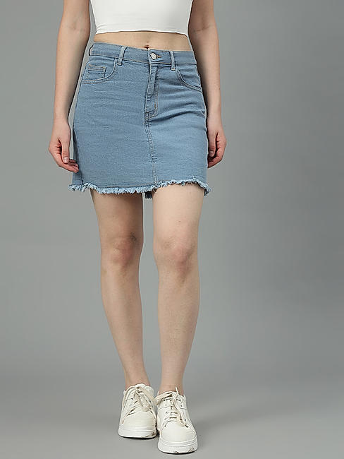 KOTTY WOMENS COTTON LYCRA BLEND LIGHT BLUE DENIM SKIRTS