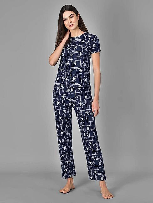 KOTTY Blue Printed Cotton Women T-Shirt and Pyjama Set