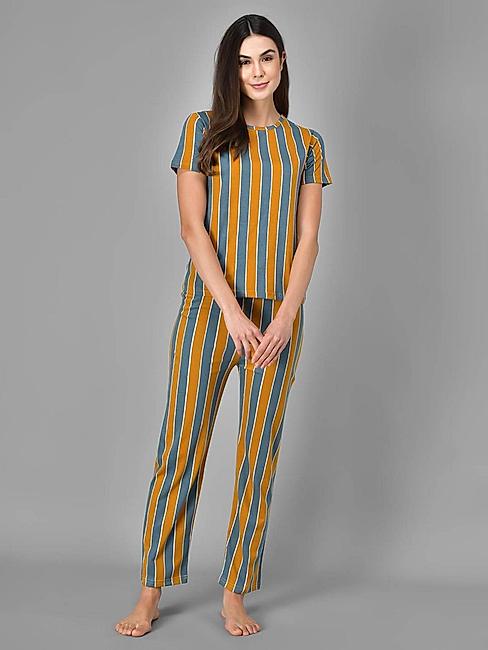 KOTTY Multi Striped Cotton Women T-Shirt and Pyjama Set