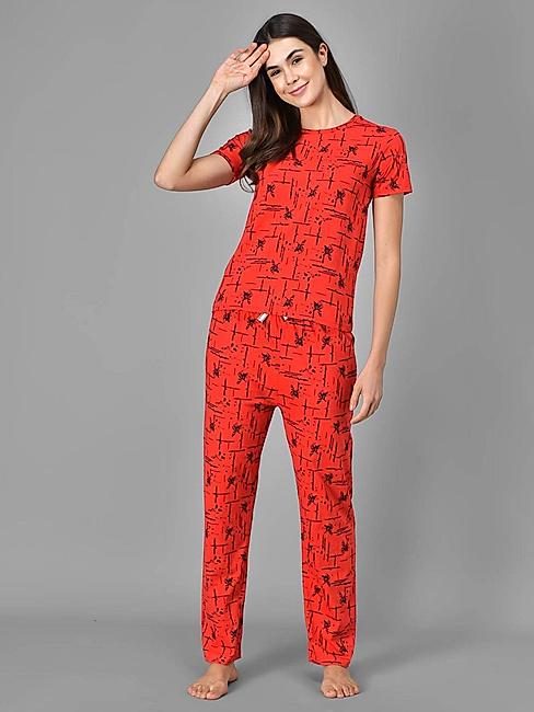 KOTTY Red Printed Cotton Women T-Shirt and Pyjama Set