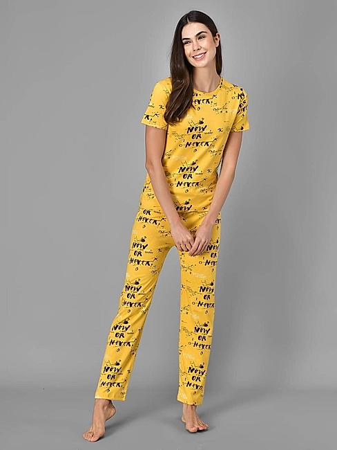 KOTTY Yellow Printed Cotton Women T-Shirt and Pyjama Set