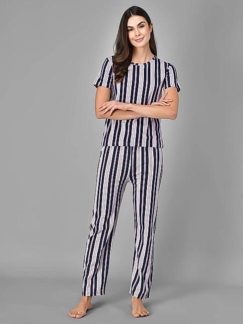 KOTTY Blue Striped Cotton Women T-Shirt and Pyjama Set