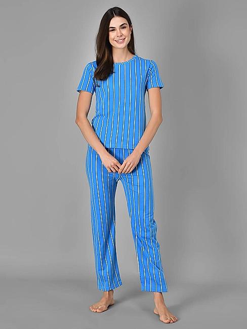 KOTTY Blue Striped Cotton Women T-Shirt and Pyjama Set